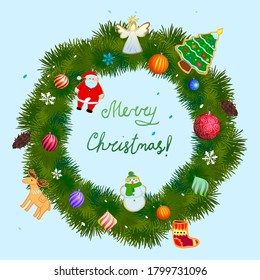 Corona de Año Nuevo de Pino, hecha de ramas de pino con juguetes, conos, Santa Claus, muñeco de nieve, copos de nieve, ciervo, ángel, decorada con un árbol de Navidad. Elemento decorativo para el nuevo año 2021.