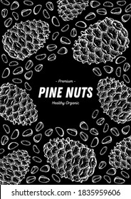 Pine nuts hand drawn sketch. Nuts vector illustration. Organic healthy food. Great for packaging design. Engraved style. Black and white color.