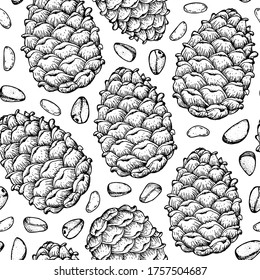 Pine nuts seamless pattern. Hand drawn sketch. Pine Nuts vector illustration. Packaging design. Organic healthy food. Great for packaging design. Engraved style. Black and white color.