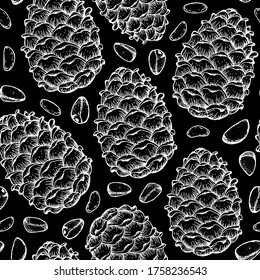 Pine nuts seamless pattern. Hand drawn sketch. Pine Nuts vector illustration. Packaging design. Organic healthy food. Great for packaging design. Engraved style. Black and white color.