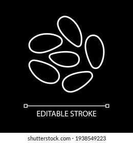 Pine nuts white linear icon for dark theme. Sunflower seeds, kernels for healthy eating. Thin line customizable illustration. Isolated vector contour symbol for night mode. Editable stroke