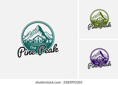 Pine peak with mountain, trees, and house logo design. Ideal for natureinspired designs, outdoorthemed projects, and real estate marketing materials. EPS layered vector