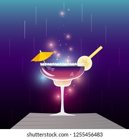 Pine Pepper Crush or  El Diablo cocktail on tinsel blue purple background. With banana and umbrella party vector illustration, menu decoration for web and print