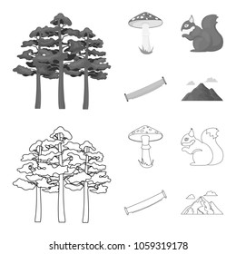 Pine, poisonous mushroom, tree, squirrel, saw.Forest set collection icons in outline,monochrome style vector symbol stock illustration web.