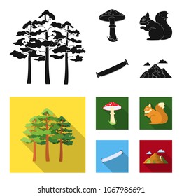 Pine, poisonous mushroom, tree, squirrel, saw.Forest set collection icons in black, flat style vector symbol stock illustration web.