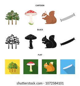 Pine, poisonous mushroom, tree, squirrel, saw.Forest set collection icons in cartoon,black,flat style vector symbol stock illustration web.