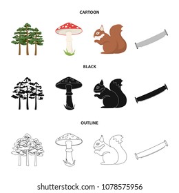 Pine, poisonous mushroom, tree, squirrel, saw.Forest set collection icons in cartoon,black,outline style vector symbol stock illustration web.