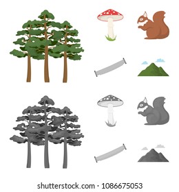 Pine, poisonous mushroom, tree, squirrel, saw.Forest set collection icons in cartoon,monochrome style vector symbol stock illustration web.