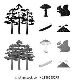 Pine, poisonous mushroom, tree, squirrel, saw.Forest set collection icons in black,monochrom style vector symbol stock illustration web.