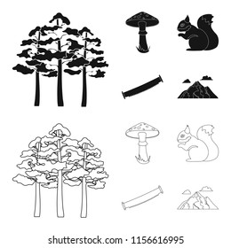 Pine, poisonous mushroom, tree, squirrel, saw.Forest set collection icons in black,outline style vector symbol stock illustration web.