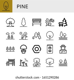 iconos sencillos de pino. Contiene iconos como Árbol, Banco, Bosque, Nuta, Nueces, Ranger, Árbol vegetal, se pueden utilizar para web, móvil y logotipo