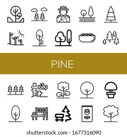 pine simple icons set. Contains such icons as Tree, Plant tree, Forest, Ranger, Pistachio, Bench, Nuts, can be used for web, mobile and logo