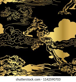 Pine Sky Cloud Vector Japanese Chinese Seamless Pattern Design Gold Black