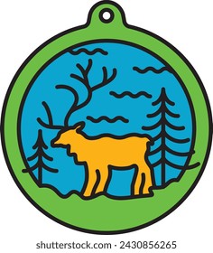 Pine and Sky Landscape with a Deer (Colored Outline Style)