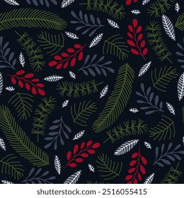 Pine and spruce branches and red berries. Vector seamless pattern