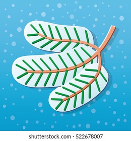Pine or spruce Christmas tree branch icon on a snow background.