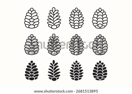 Pine and spruce cone line icon set. Conifer cone silhouette symbol pack. Fir and seed cone engraving element designs. Foliage, Nature, Floral, Eco, Gardening, Landscape, Nature. Vector illustration