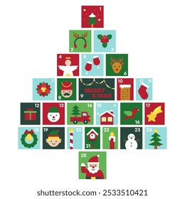 Pine Tree Advent Calendar with Christmas Symbols and Festive Icons, Santa Claus, Reindeer, and Holiday Cheer Vector Illustration