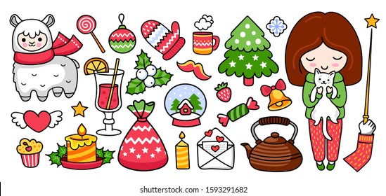 Pine tree, alpaca, candle, snow ball, mistletoe, girl holding white cat. Kawaii christmas stickers, pins, prints. Set of vector illustration.