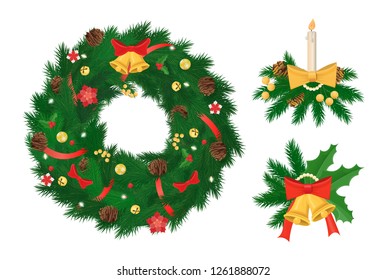 Pine tree arranged in circle Christmas holiday symbol vector. Isolated icons of mistletoe and bows ribbons and bells candle made of wax fire flame