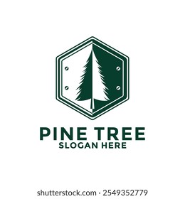 Vector de ilustración de diseño de logotipo de insignia de pino árbol, Plantilla de diseño de logotipo de hoja perenne