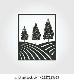 árbol de pino con diseño de ilustración vintage vectorial de placa, logo de pinos