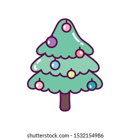 Pine tree with balls decoration white background. Merry Christmas icon.