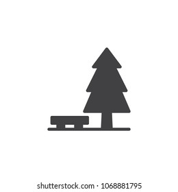 Pine tree and bench vector icon. filled flat sign for mobile concept and web design. Park simple solid icon. Symbol, logo illustration. Pixel perfect vector graphics