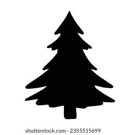Pine tree bird silhouette. Hand draw silhouette fir tree isolated on white background. Vector illustration. 