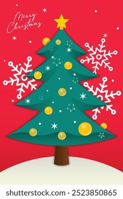 Pine tree with blink stars and ornaments in winter holiday scene. Merry christmas greeting vector illustration.
