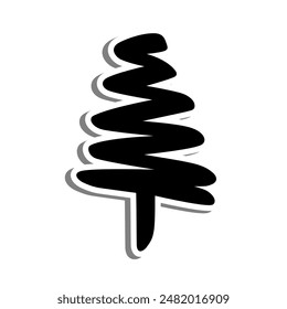 Pine Tree Bold Outline on white silhouette and gray shadow. Vector illustration cartoon style for decorate, coloring and any design.