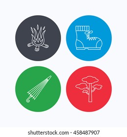 Pine tree, bonfire and hiking boots icons. Umbrella linear sign. Linear icons on colored buttons. Flat web symbols. Vector