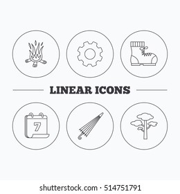 Pine tree, bonfire and hiking boots icons. Umbrella linear sign. Flat cogwheel and calendar symbols. Linear icons in circle buttons. Vector