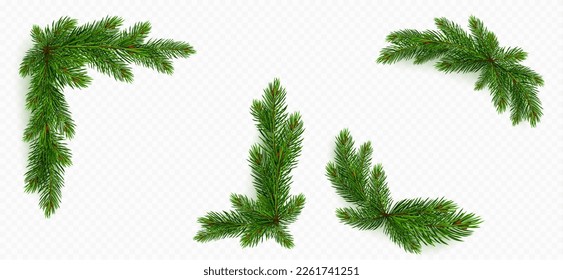 Pine tree branch border realistic vector illustration. Fir twigs with green needles, corner frame isolated on transparent background. Winter holiday evergreen decoration, spruce or cedar elements