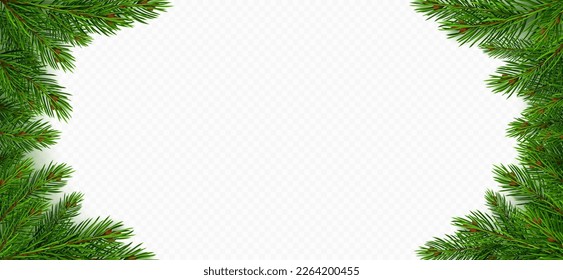 Pine tree branch border realistic vector illustration. Fir twigs with green needles, frame isolated on transparent background. Winter holiday evergreen decoration, spruce or cedar elements