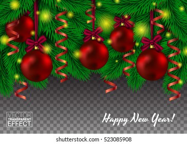Pine tree branch brush on transparent background. Element for christmas or New Year design. Christmas Decoration with Xmas tree branches, ball toys, stars, vector illustration.