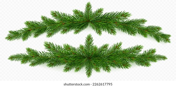 Pine tree branch christmas garland set realistic vector illustration. Fir twigs with green needles isolated on transparent background. Winter holiday evergreen decoration, spruce or cedar elements