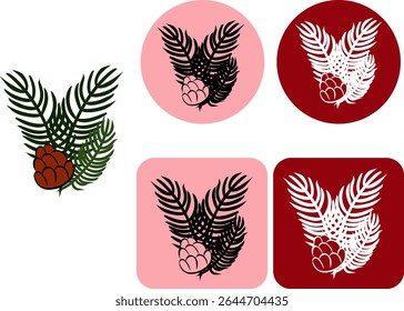 Pine tree branch with pine cone logotype. Vector graphic line ink illustration. Silhouette sign for logo, print, comics, fashion, pop art, boards, design, stickers, decoration, posters
