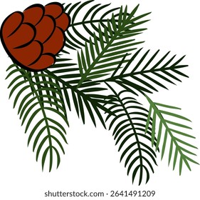 Pine tree branch with pine cones composition isolated. Vector graphic line ink illustration. Silhouette sign for logo, print, comics, fashion, pop art, boards, design, stickers, decoration, posters
