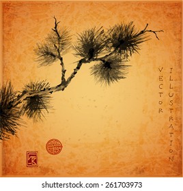 Pine tree branch hand-drawn with ink in traditional Japanese style sumi-e on vintage paper. Sealed with decorative stylized stamps. The pine tree symbolizes longevity and steadfastness