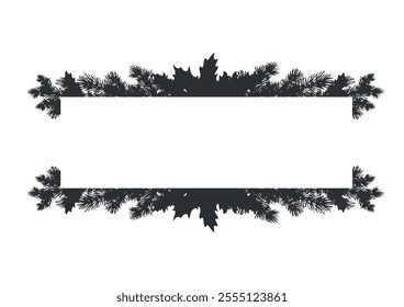 Pine tree branch with holly. Christmas postcard template. Fir twig with needles. Vector graphic illustration. Winter holiday background for home interior. Festive clipart for winow, print, packaging.