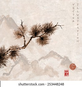 Pine tree branch and mountains hand-drawn in traditional Japanese style sumi-e on vintage rice paper. Sealed with decorative stylized stamps. The pine tree symbolizes longevity and steadfastness