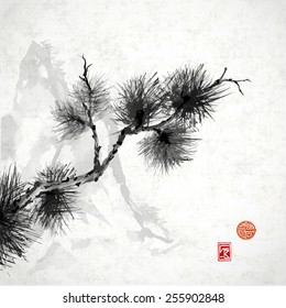 Pine tree branch and mountains hand-drawn in traditional Japanese style sumi-e on vintage rice paper. Sealed with decorative stylized stamps. The pine tree symbolizes longevity and steadfastness