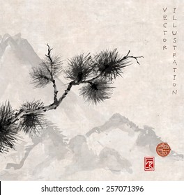 Pine tree branch and mountains hand-drawn  in traditional Japanese style sumi-e on vintage rice paper. Sealed with decorative stylized stamps. The pine tree symbolizes longevity and steadfastness