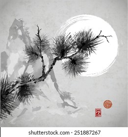 Pine tree branch, mountains and the Moon, hand-drawn in traditional Japanese style sumi-e on rice paper. Sealed with decorative stylized stamps. The pine tree symbolizes longevity and steadfastness