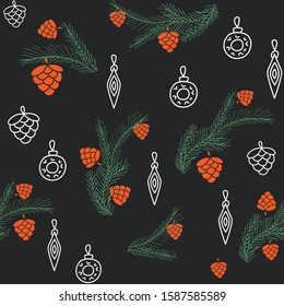Pine tree branch with orange cone and white outlined christmas decorations on dark blue background. vector seamless pattern
