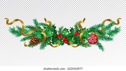Pine tree branch realistic. Christmas garland, xmas tinsel border, poinsettia flower, leaf decor. Holly holiday decoration, golden ribbon frame. Vector isolated exact 3d isolated element