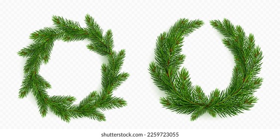 Pine tree branch round wreath, christmas garland set realistic vector illustration. Circle of fir twigs with green needles isolated on transparent background. Winter holiday evergreen decoration