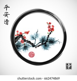 Pine tree branch and sakura in blossom. Traditional oriental ink painting sumi-e, u-sin, go-hua. Contains hieroglyphs - peace, tranquility, clarity, happiness