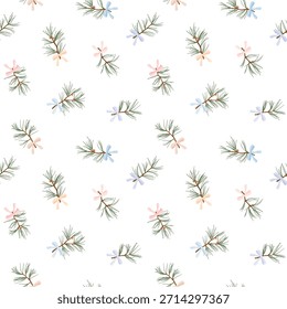 Pine tree branch with tied ribbon bow seamless pattern. Fir twigs festive print on white background. Winter holiday vector illustration.